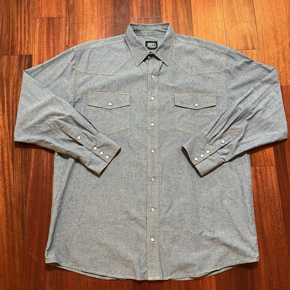 Key Shirt Mens XLT Tall Chambray Blue Denim Western Pearl Snap Long Sleeve